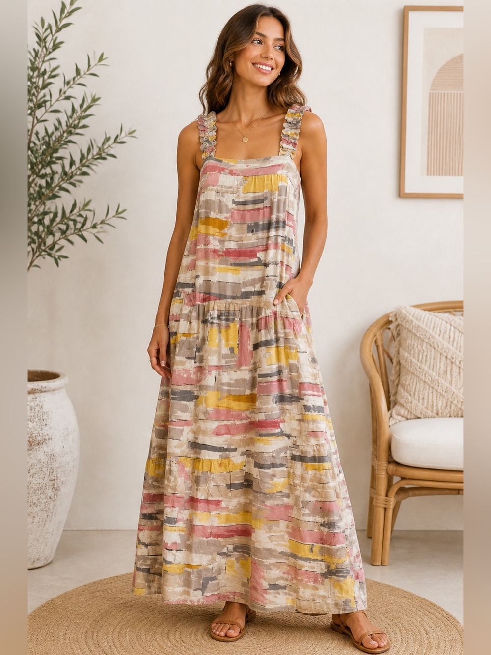 Moon River Abstract Print Maxi Dress Ruffle Strap Flowy Boho Multicolor XS